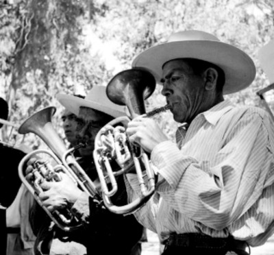 Músicos tocan la tuba en un jardín