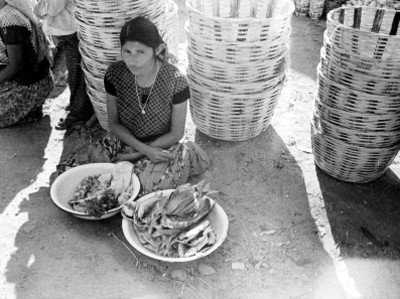 Mujer huave vende pescado en un tianguis