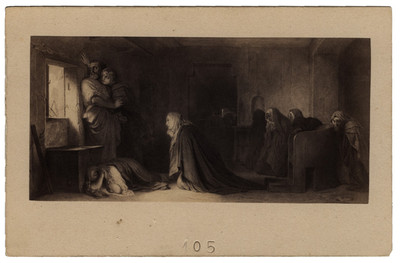 Pintura con la escena de un grupo de personas escondidas en un cuarto, reprografía