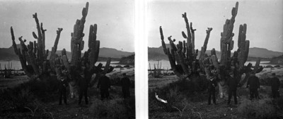 Oficiales posan de pie junto a cactáceas en la bahía de Guaymas, retrato de grupo