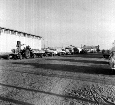 Camiones y transportes de carga con estiba de trigo estacionados en una calle