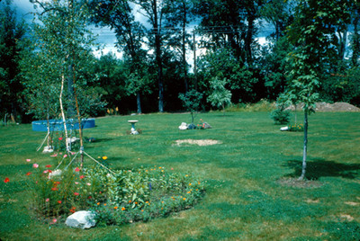 Jardin con arboles recien plantados y flores