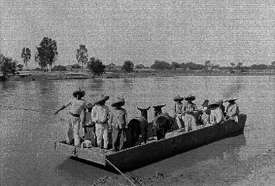 Hombres y animales abordo de una embarcación en el Río Lerma