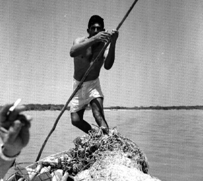 Pescador sobre un calluco en un estero