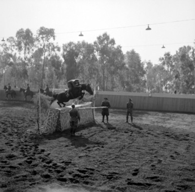 Caballistas saltando un obstáculo durante la exhibición ecuestres del Estado Mayor Presidencial en campo Marte