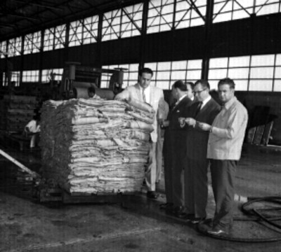 Raúl Salinas Lozano verificando calidad de las fibras utilizadas en la fábrica de papel Ayotla