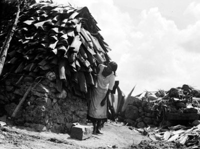 Mujer en una casa de pencas de maguey