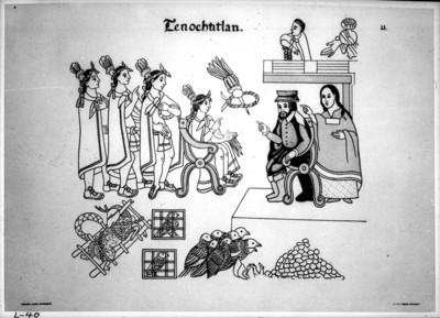 Lámina que muestra el encuentro de Hernán Cortés con Moctezuma en Tenochtitlán
