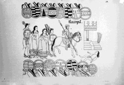 Lámina con la llegada de Hernán Cortés a Tlacopan