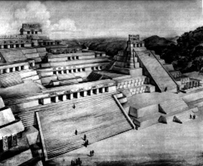 Dibujo de vista general de Piedras Negras en Guatemala