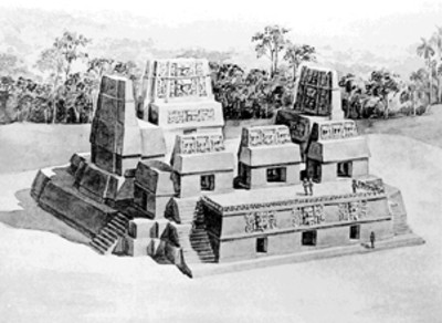 Reconstrucción de la etapa 5 del edificio A-V en Uaxactún, dibujo