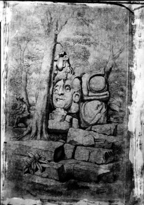 Litografía de la escalera Jaguar en el Patio Este de la Acrópolis, Copán, reprografía