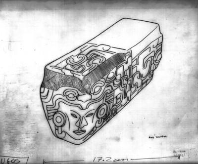 Vista parcial de dibujo de un yugo con figura antropomorfa, reprografía