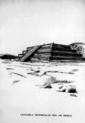 Dibujo de un edificio de la Ciudadela Teotihuacán, reprografía