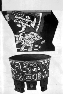 Ilustración de vaso trípode con decoración al fresco de una escena tipo códice