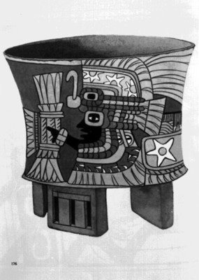 Ilustración de vaso trípode con soportes huecos y pintura del tipo códice