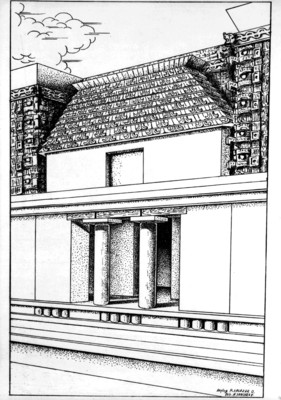 Dibujo de la fachada de un edificio en Uxmal, reprografía