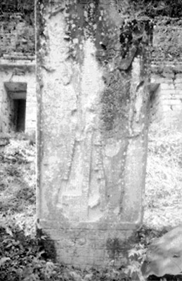 Estela con figuras antropomorfas y glifos mayas, vista frontal