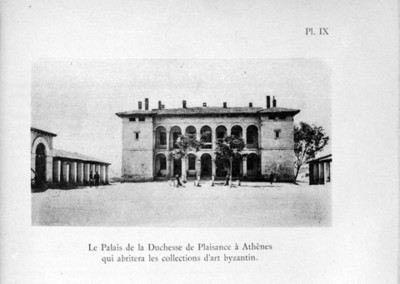 Ilustración con la fachada del edificio llamado Villa Ilissia en Atenas, reprografía