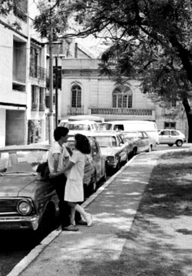 Pareja recargada de un automóvil