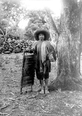 Hombres indígena junto a un árbol, retrato
