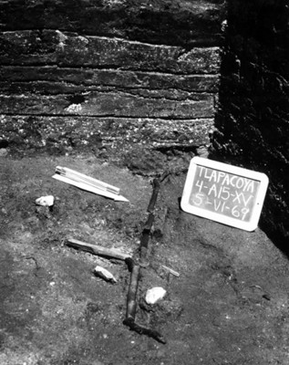 Objeto carbonizado encontrado en un pozo estatigráfico, Tlapacoya