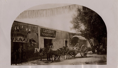 Carreta frente a una pulquería, "5285. México. Pulqueria and carreta"
