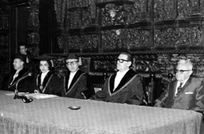 Hombres y mujer durante una graduación, retrato de grupo