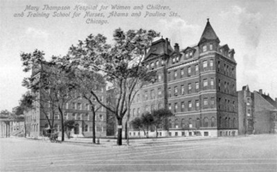 Tarjeta postal con ilustración del Hospital Mary Thompson en Chicago