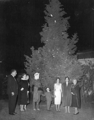 Gente cerca de un árbol navideño, retrato de grupo