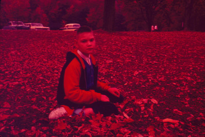 Niño sentado en un jardin cubierto de hojarasca