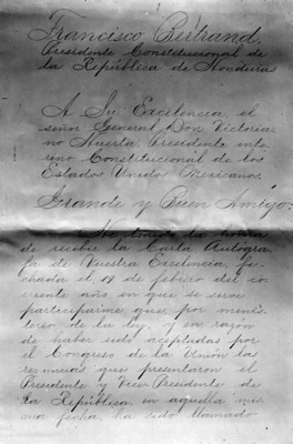 Carta de felicitación y reconocimiento al gobierno de Victoriano Huerta por parte de Francisco Bertrand, presidente de Honduras, fragmento