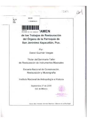 Dictamen de los trabajos de restauración del órgano de la parroquia de San Jerónimo Xayacatlán, Puebla