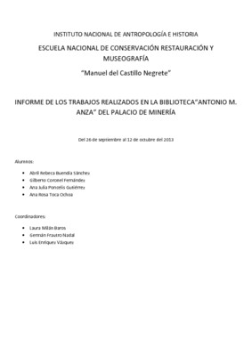 Informe de los trabajos realizados en la Biblioteca "Antonio M. Anza" del Palacio de Minería