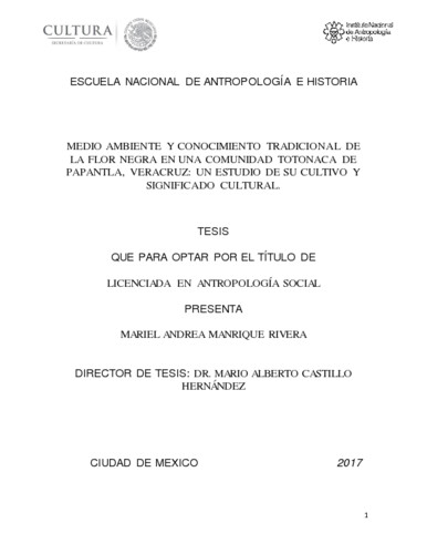 Medio ambiente y conocimiento tradicocional de la flor negra en una comunidad totonaca de Papantla, Veracruz