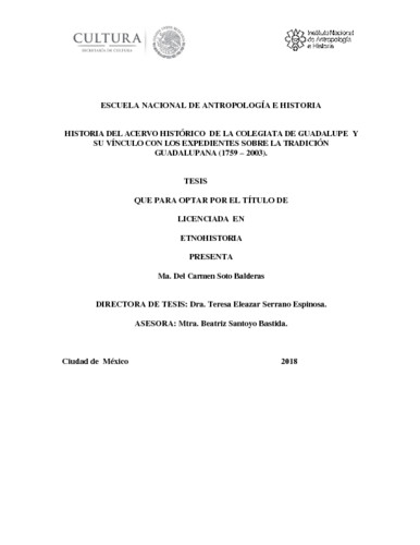 Historia del acervo histórico de la Colegiata de Guadalupe y su vinculo con los expedientes sobre la tradición guadalupana (1759-2003)