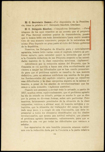 Vida política del general Lázaro Cárdenas del Río: Discurso de la Comisión Nacional Agraria sobre la continuación del proyecto de plan sexenal en materia agrícola, 1934-1940.