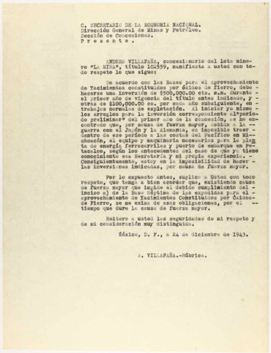Vida laboral del general Lázaro Cárdenas: Carta de Andrés Villafaña al Secretario de la Economía Nacional, Dirección general de Minas y Petróleo
