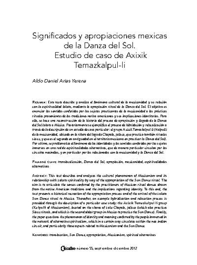 Significados y apropiaciones mexicas de la Danza del Sol. Estudio de caso de Axixik Temazkalpul-li