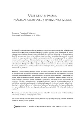 Usos de la memoria: Prácticas culturales y patrimonios mudos