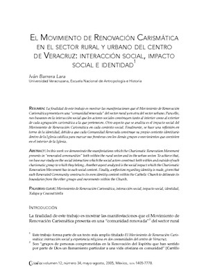 El movimiento de renovación carismática en el sector rural y urbano del centro de Veracruz: interacción social, impacto social e identidad