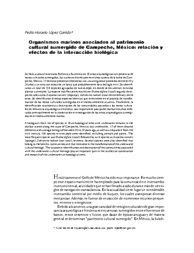 Organismos marinos asociados al patrimonio cultural sumergido de Campeche, México: relación y efectos de la interacción biológica