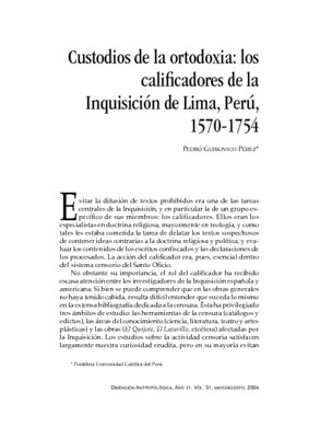 Custodios de la ortodoxia: los calificadores de la Inquisición de Lima, Perú, 1570-1754