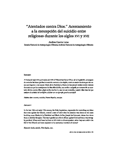 “Atentados contra Dios”. Acercamiento a la concepción del suicidio entre religiosas durante el siglo XVI y XVII.