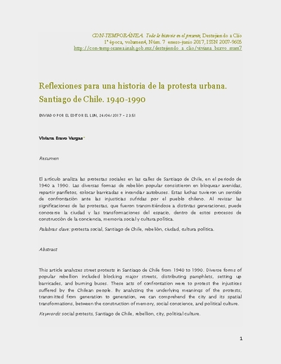 Reflexiones para una historia de la protesta urbana. Santiago de Chile. 1940-1990