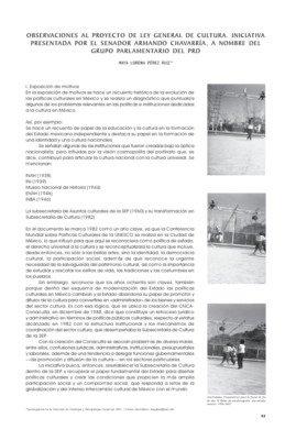 Observaciones al proyecto de Ley General de Cultura. Iniciativa presentada por el senador Armando Chavarría