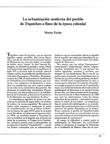 La urbanización moderna del pueblo de Tiquicheo a fines de la época colonial
