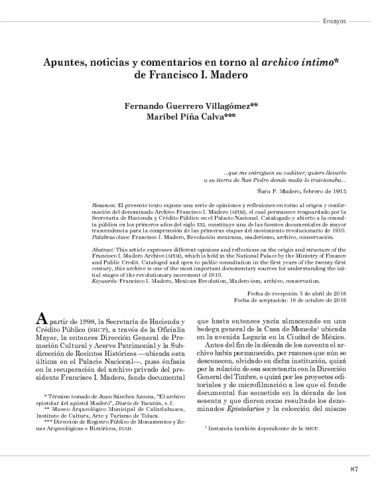 Apuntes, noticias y comentarios en torno al archivo íntimo de Francisco I. Madero