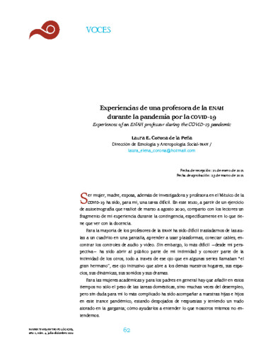 Experiencias de una profesora de la ENAH durante la pandemia por la COVID-19