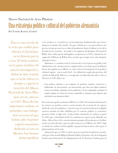 Comprender para transformar. Museo Nacional de Artes Plásticas. Una estrategia político-cultural del gobierno alemanista
